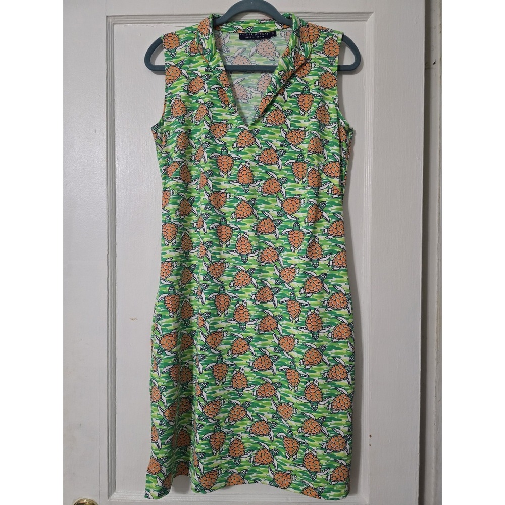 Katherine Way St Regis Dress Collared Size Medium Turtle Print Green Resort Wear